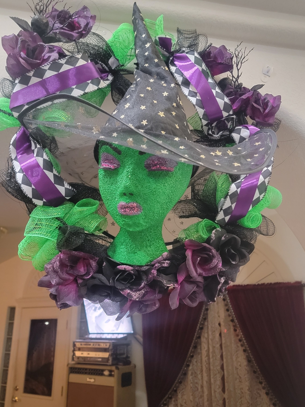 Witch Hat Wreath - Green, Purple & Black Halloween Decoration